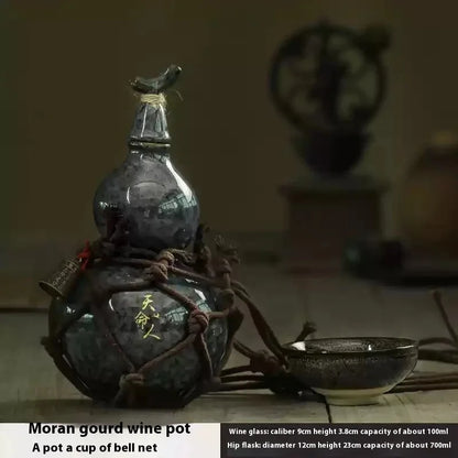 800ml Wukong Ceramic Gourd Cup - Ancient-Style Wine Gourd Set with Net Bag