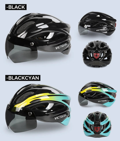 VICTGOAL Bicycle Helmet for Men - With Taillight, Magnetic Goggles, UV400 Lens & Sun Visor, MTB & Electric Scooter Bike Safety Helmet