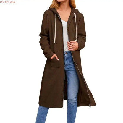 Women's Loose Fit Hooded Coat - Full Zip Long Sleeve Cotton Jacket with Pockets