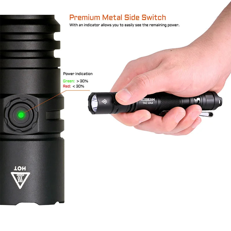 ACEBEAM TAC 2AA LED Flashlight — 1600 Lumen Portable EDC Torch, 181m Beam, USB-C Rechargeable with Dual Buttons