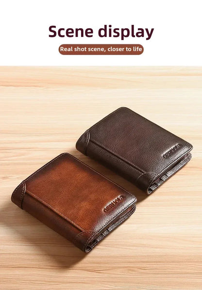 Genuine Leather Men’s Wallet – RFID Blocking Trifold, Vintage Thin ID & Credit Card Holder, Multi-Function Purse