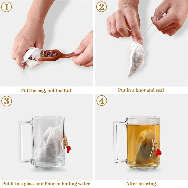 100 Pcs Disposable Tea Filter Bags with String – Food Grade Non-Woven Tea Infuser Bags for Loose Leaf Tea, Herbs & Spices (JJYY)