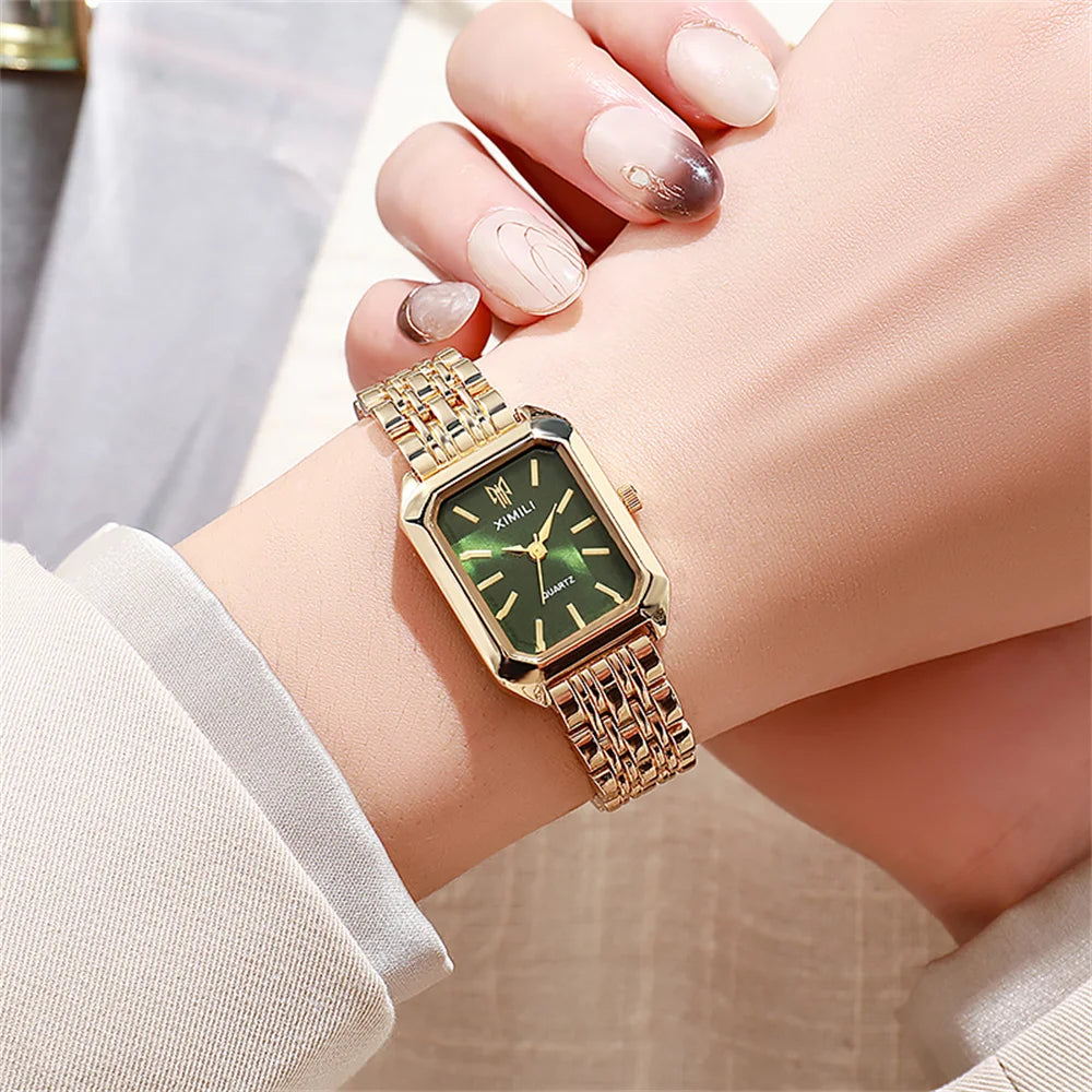 Luxury Women's Square Quartz Watch – Gold-Plated Stainless Steel Business Timepiece