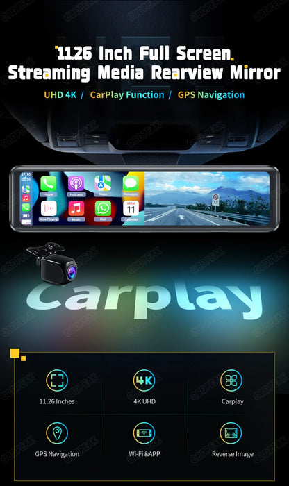 OBDPEAK K4 11.26" Rearview Mirror Dash Cam - 4K 3840x2160P, CarPlay, Android Auto, WIFI, GPS Navigation, Video Recorder