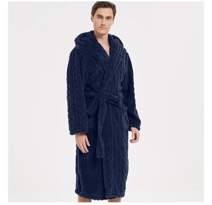 Men’s Fall & Winter Warm Hooded Robe – Thickened Cotton Velvet Jacquard Homewear for Couples