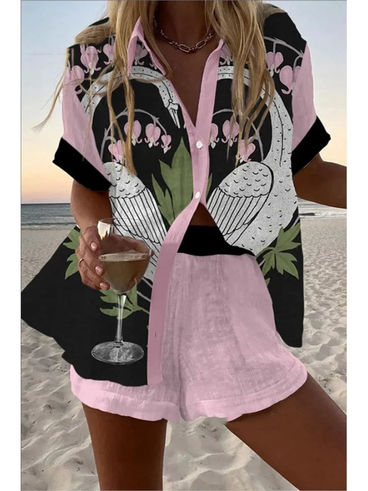 Women’s Summer 2-Piece Set – Lapel Short-Sleeve Shirt & Shorts, Elegant Loose Printed Outfit