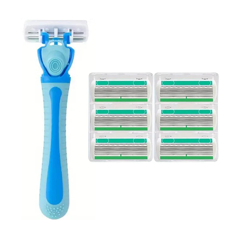 Women’s Manual Safety Razor Set – 1 Handle + 18pcs 6-Layer Stainless Steel Replaceable Blades