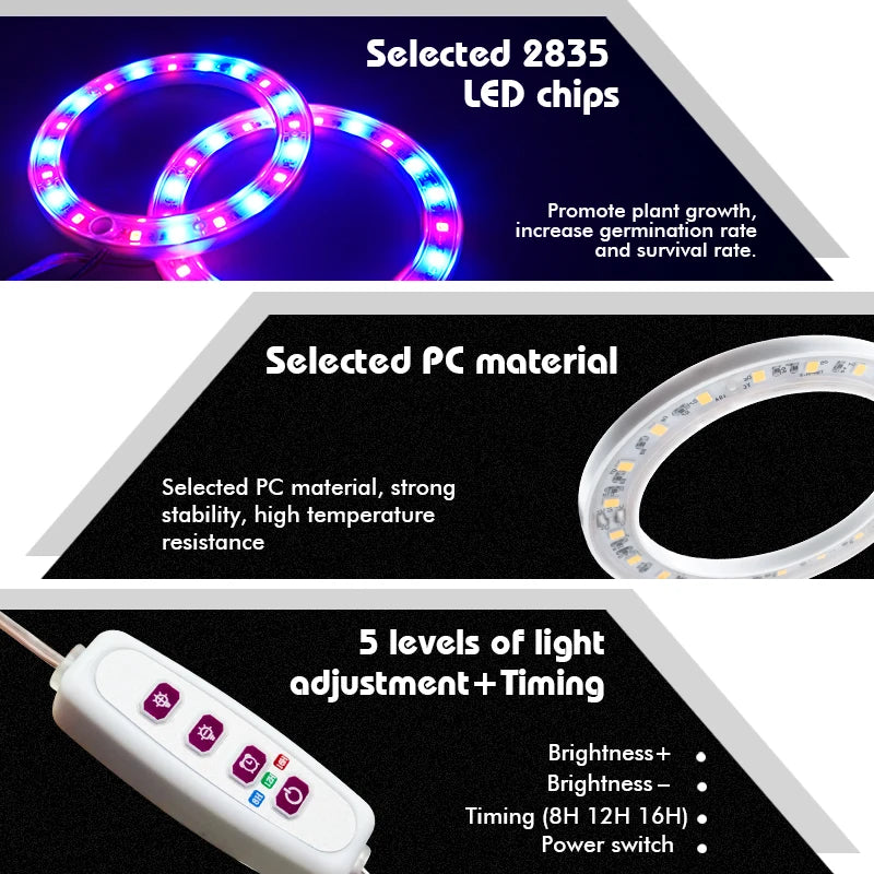 LED Full Spectrum Grow Light — USB 5V Adjustable Height Dimmable Lamp with Timer for Indoor Plants & Herbs