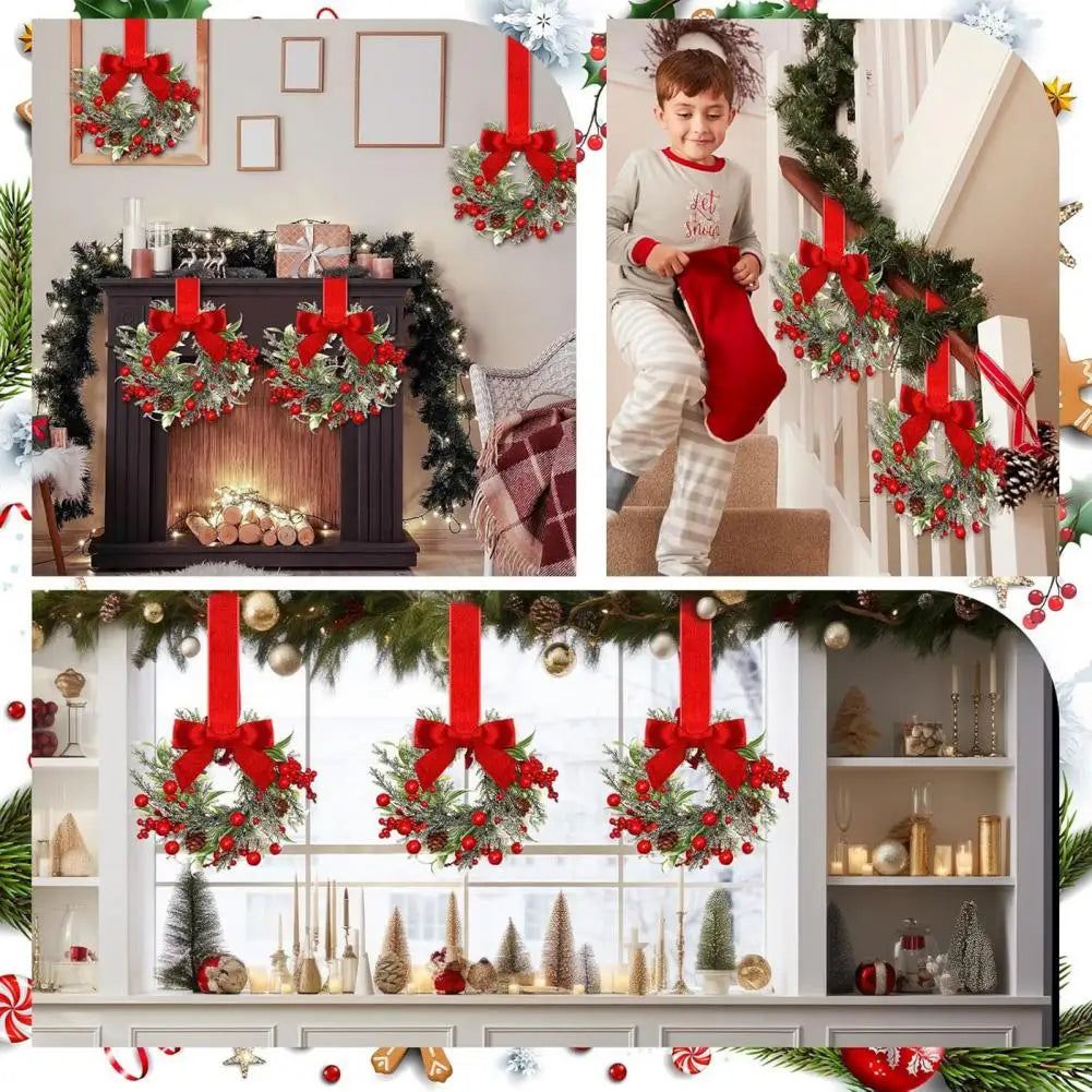 Set of 6 Mini Christmas Cabinet Wreaths with Ribbon Bows – Artificial Farmhouse Holiday Party Decorations