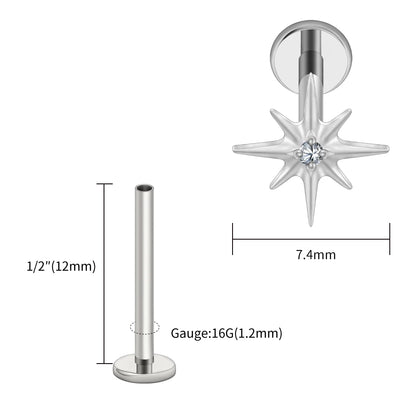 Right Grand ASTM F136 Titanium CZ North Star 16G Flat Back Earring – Tiny Starburst Helix, Cartilage & Earlobe Stud Piercing Jewelry