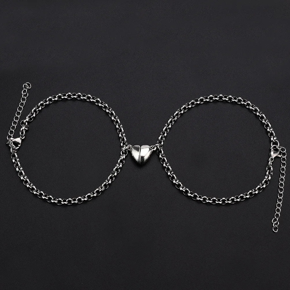 2-Piece Magnetic Couple Bracelet Set - Stainless Steel Heart Charm Cuban Chain Jewelry Gifts