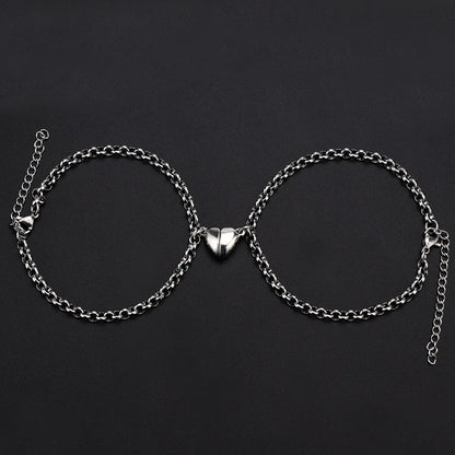2-Piece Magnetic Couple Bracelet Set - Stainless Steel Heart Charm Cuban Chain Jewelry Gifts