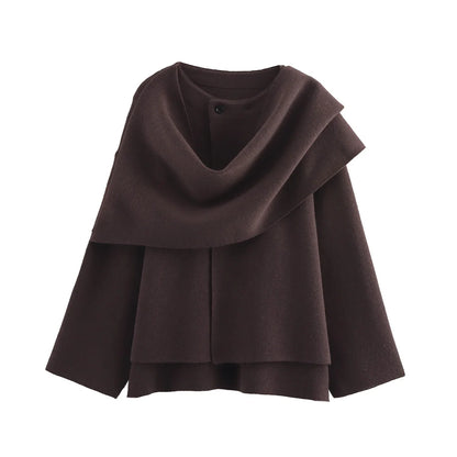TRAF 2023 Winter Women's Scarf Coat – Long Sleeve, Knitted Asymmetric Jacket, Streetwear Casual Outerwear