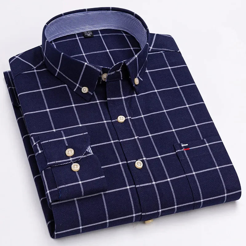 Men’s Cotton Oxford Shirt - Smart Casual Long Sleeve Plaid Print Dress Shirt, Regular Fit up to 6XL