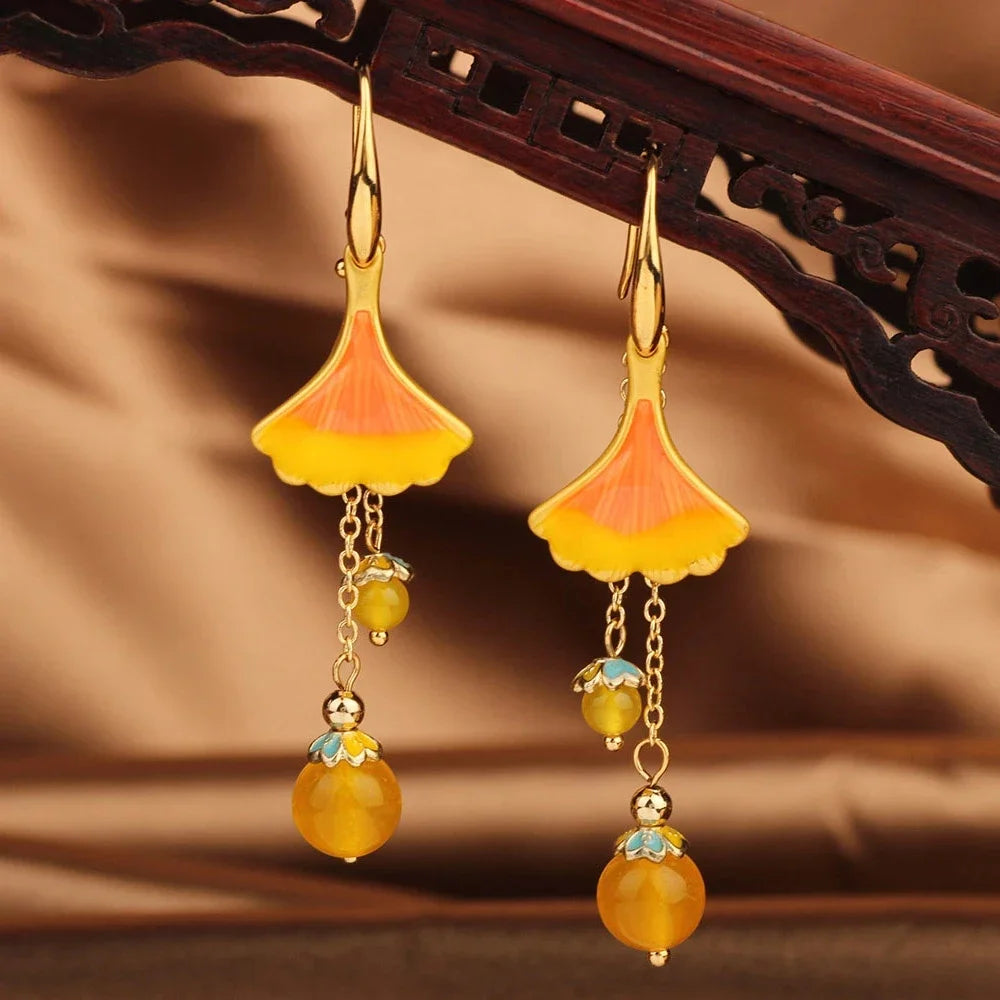 Vintage Flower Drop Earrings - Natural Stone Ethnic Jewelry for Women