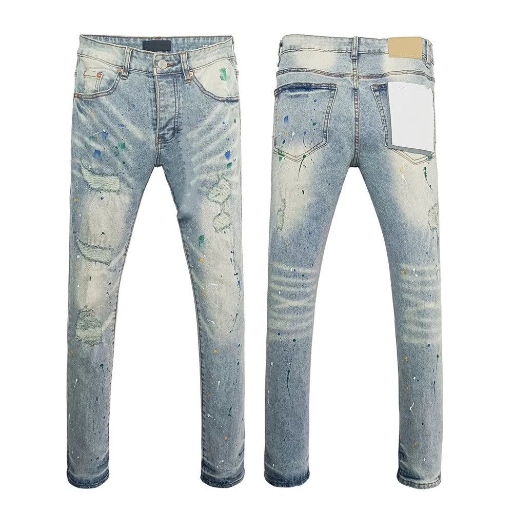 Men's Graffiti Washed Jeans - Retro Distressed Low Rise Skinny Denim Pants