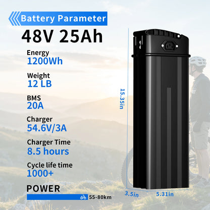 48V E-Bike Battery - 12Ah–25Ah Rechargeable Battery with 3A Charger & Safety Lock