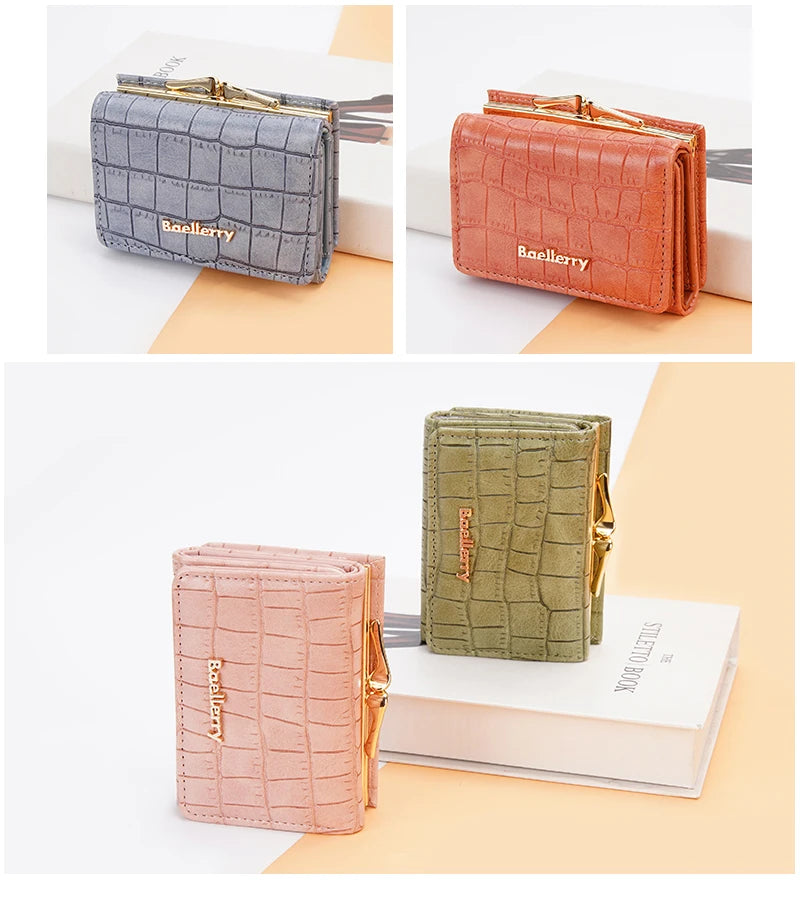 Baellerry Short Women’s Wallet — Crocodile Pattern Coin & Card Holder with Photo Slots, Hasp Purse for Girls