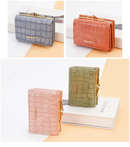 Baellerry Short Women’s Wallet — Crocodile Pattern Coin & Card Holder with Photo Slots, Hasp Purse for Girls