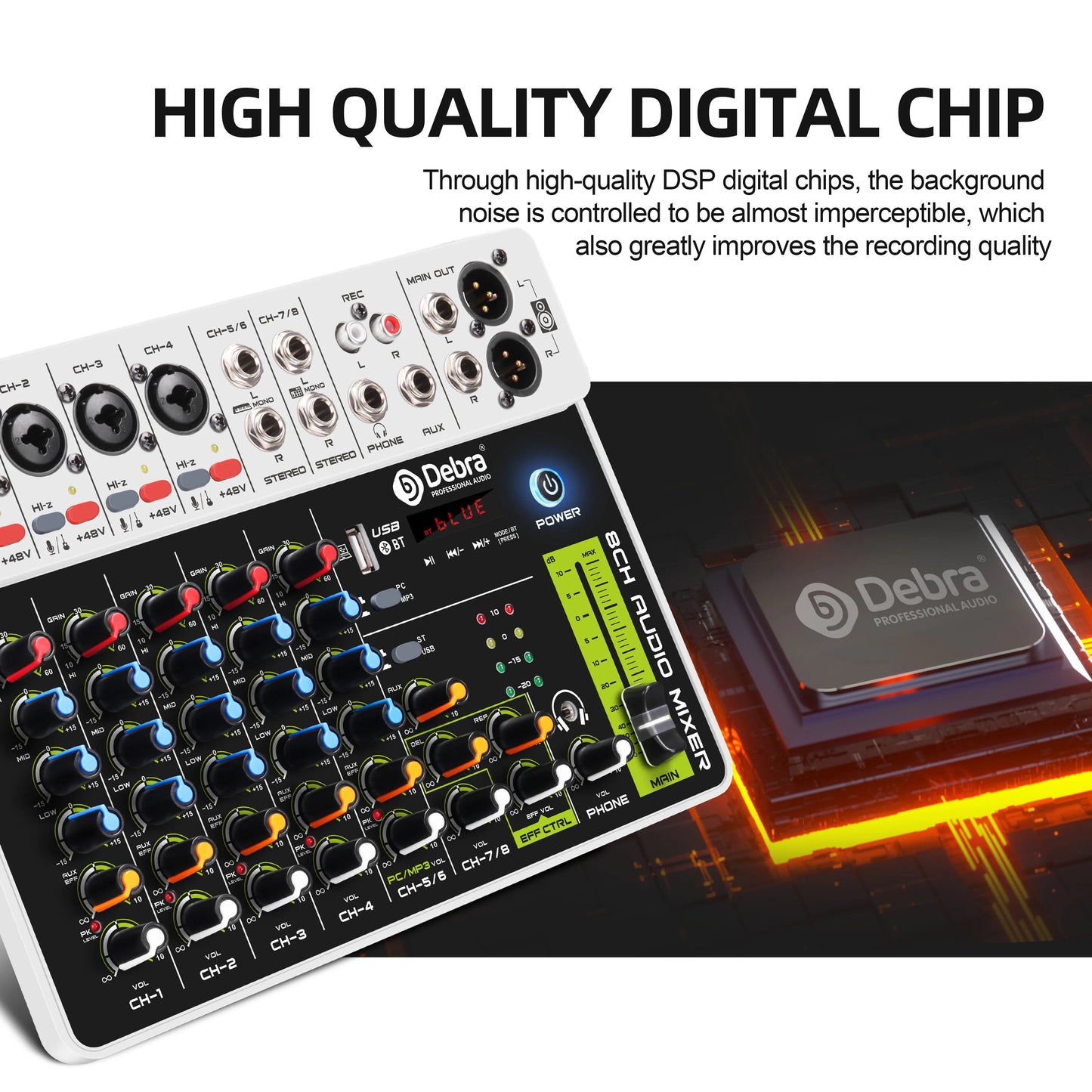 Debra V8 8-Channel Audio Mixer – Bluetooth & USB Mixer with 48V Phantom Power, Delay/Repeat Effects for PC Recording & Sound Console