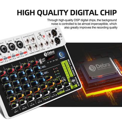 Debra V8 8-Channel Audio Mixer – Bluetooth & USB Mixer with 48V Phantom Power, Delay/Repeat Effects for PC Recording & Sound Console