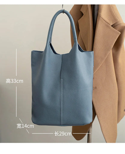 Genuine Leather Women’s Commuter Tote Bag — Soft Cowhide Shoulder Handbag, Large Capacity Bucket Bag, 2025 New