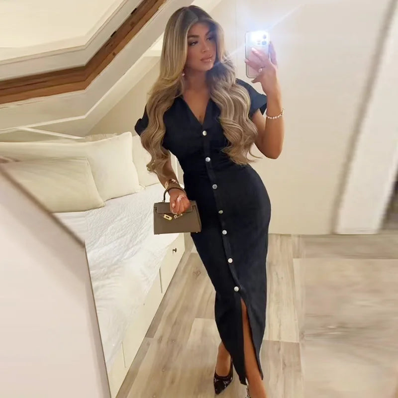 TRAF Women’s Denim Bodycon Dress – Summer 2025 Blue Button Ruffled Batwing Sleeve Long Casual Beach Vestido