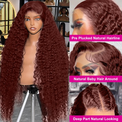 30–40 Inch Reddish Brown Human Hair Wig – 13x6/13x4/13x7 HD Lace Frontal, 250% Density Colored Deep Wave Curly Wig