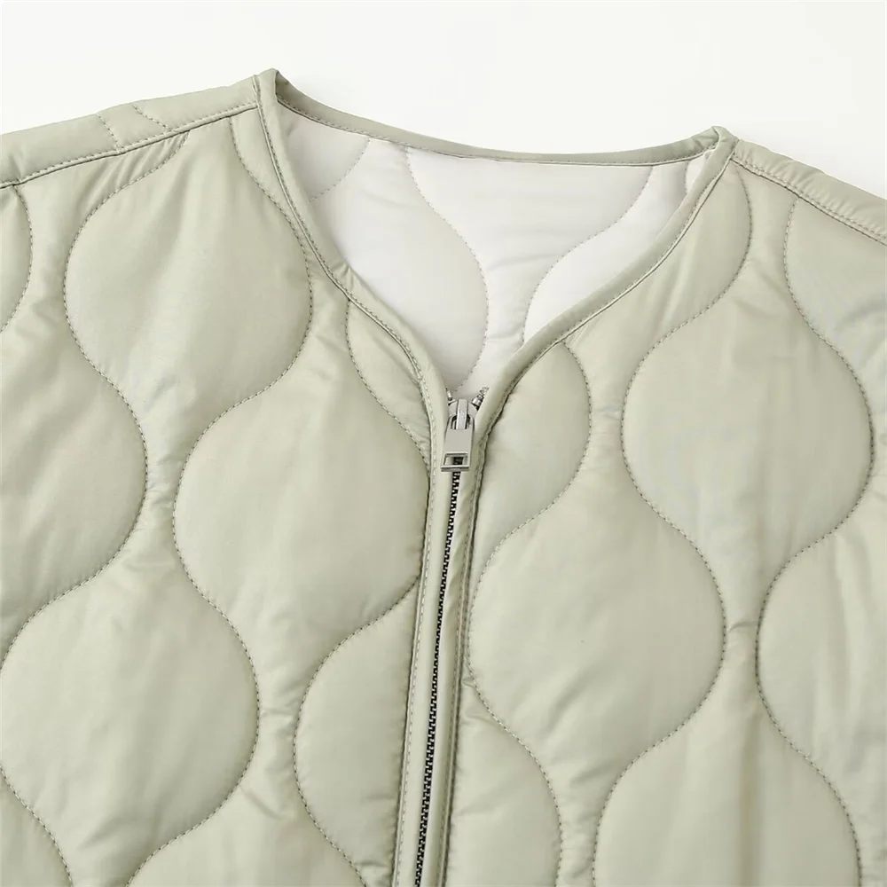 PB&ZA2024 Women's Autumn Cotton Jacket – Quilted Coat with Round Neck, Loose Fit & Pocket Decoration