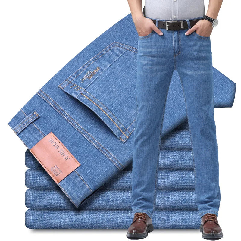 Men’s Casual Comfortable Jeans – Straight Loose Fit High Waist Elastic Trousers for All Seasons & Office Wear