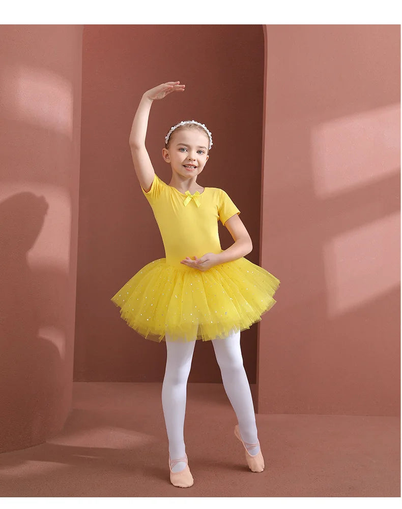 Girls Ballet Tutu Dress — Kids Short & Long Sleeve Tulle Leotard with Bowknot for Dance, Gymnastics & Party