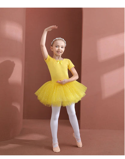 Girls Ballet Tutu Dress — Kids Short & Long Sleeve Tulle Leotard with Bowknot for Dance, Gymnastics & Party