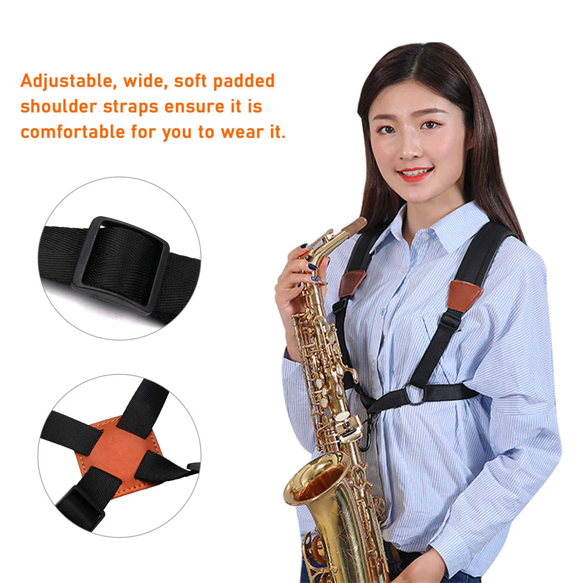 Miwayer Saxophone Strap — Universal Double Shoulder Leather Strap for Alto, Tenor & Soprano Saxophones (Adult & Child)
