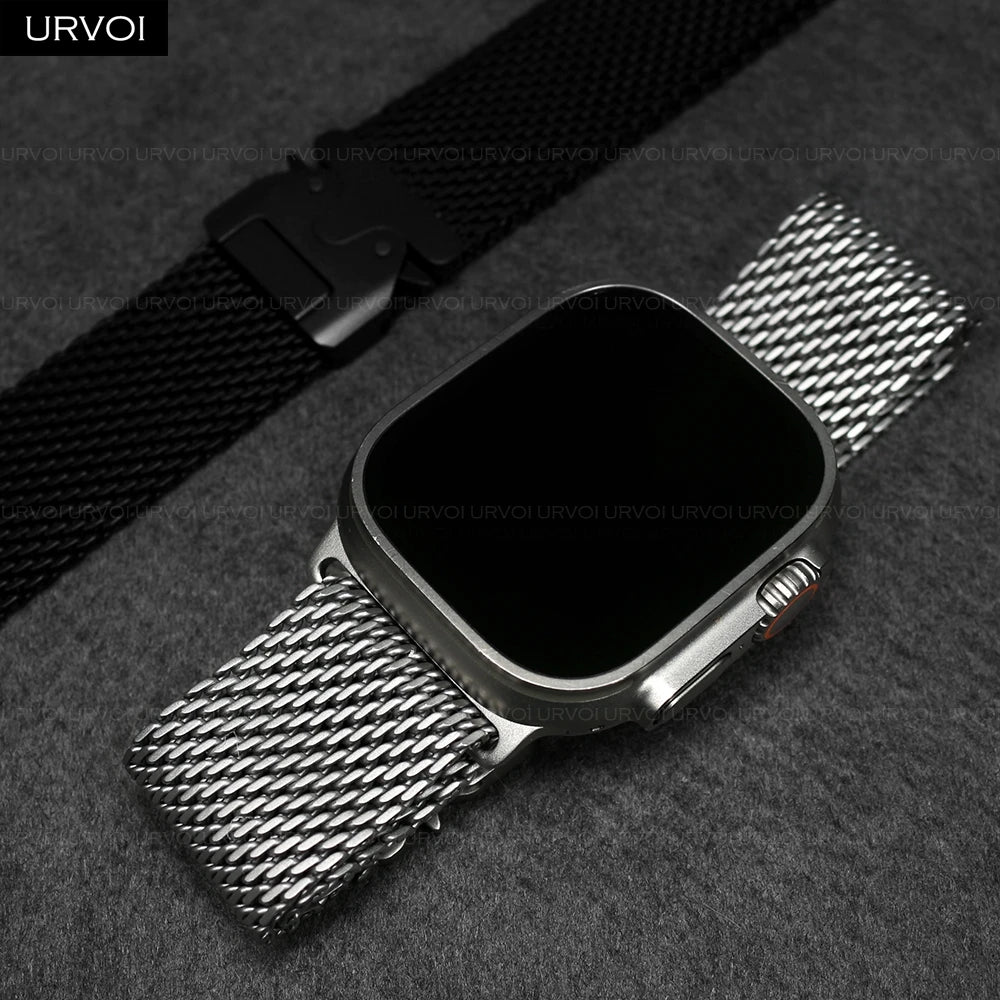 URVOI Stainless Steel Mesh Band for Apple Watch Ultra 2/1, Series 10/9 – 316L Secure Parachute Buckle, 46/49mm