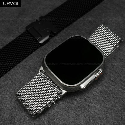 URVOI Stainless Steel Mesh Band for Apple Watch Ultra 2/1, Series 10/9 – 316L Secure Parachute Buckle, 46/49mm