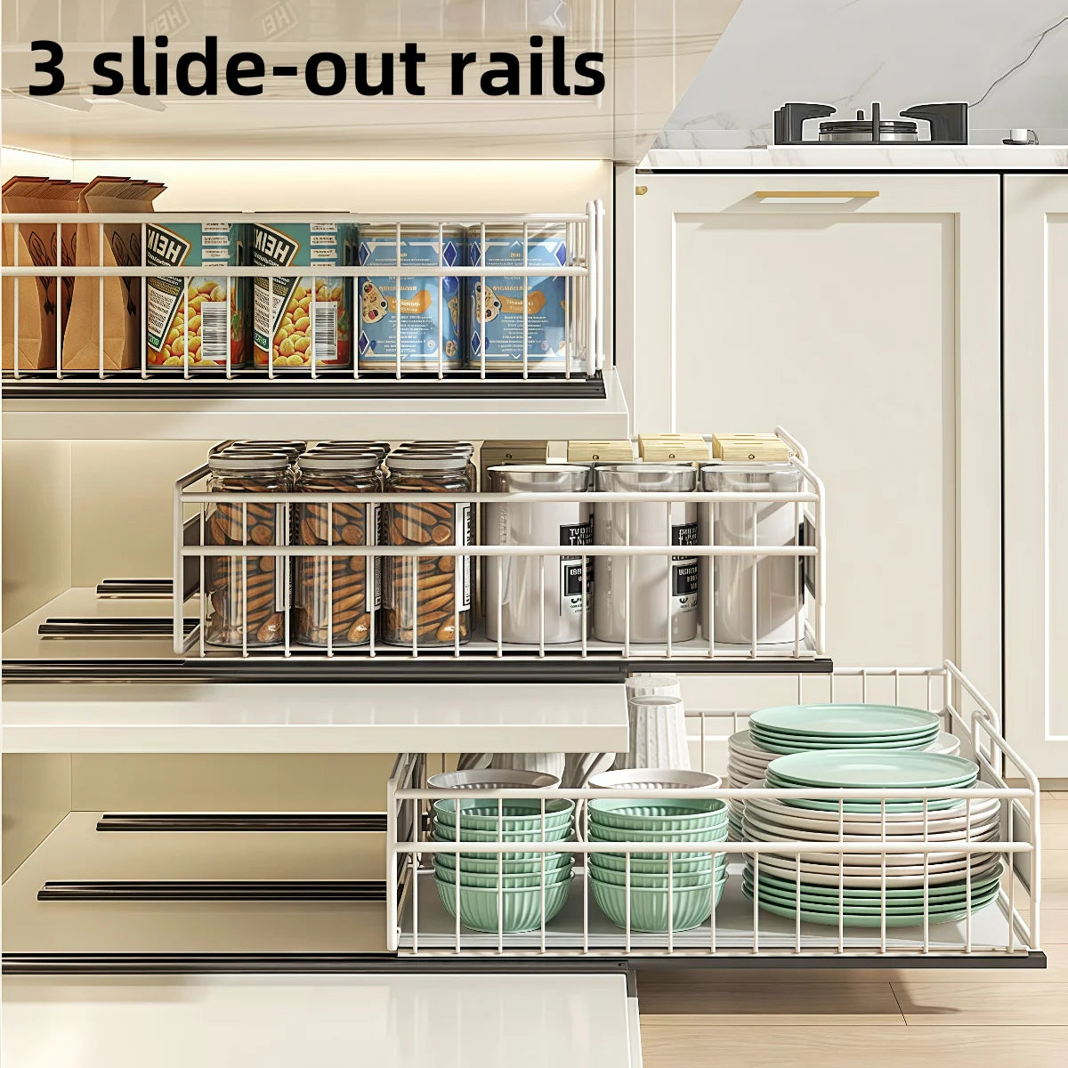 Expandable Cabinet Drawer Organizer - Pull-Out Storage Tray with 3 Sliding Rails