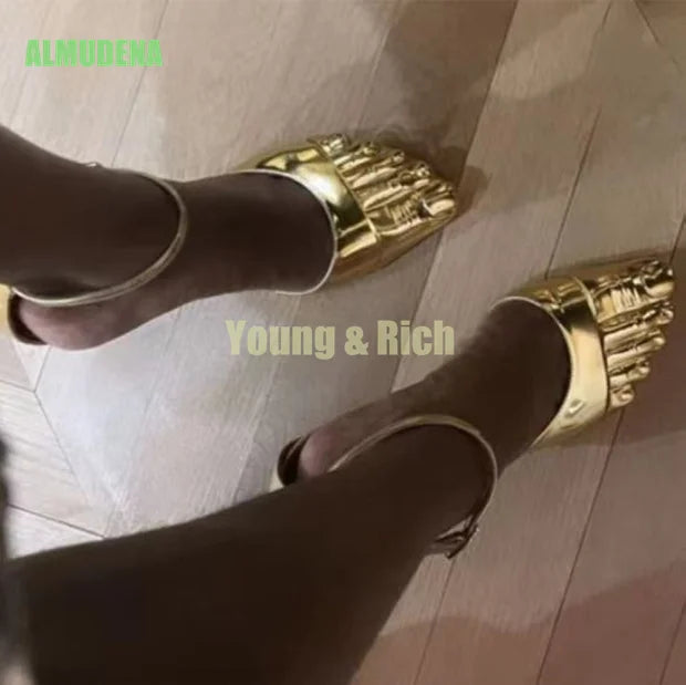 Gold Five-Toe High-Heel Sandals for Women - Slim Ankle Strap Dress Slippers