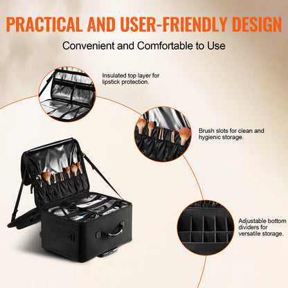 SucceBuy Rolling Makeup Train Case – Waterproof Oxford Makeup Organizer with Handle, Wheels & Carry Strap