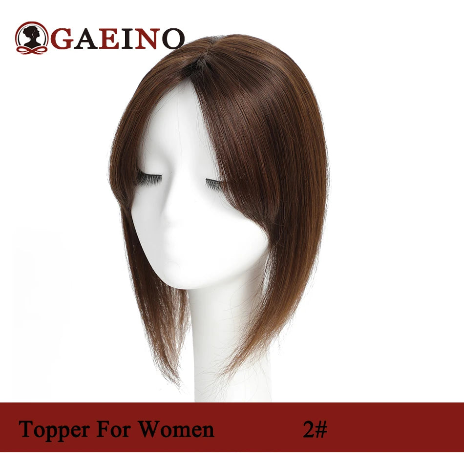 Straight Human Hair Topper With Bangs - Silk Base Clip In Real Hair Extension For Women Chocolate Brown Light Brown