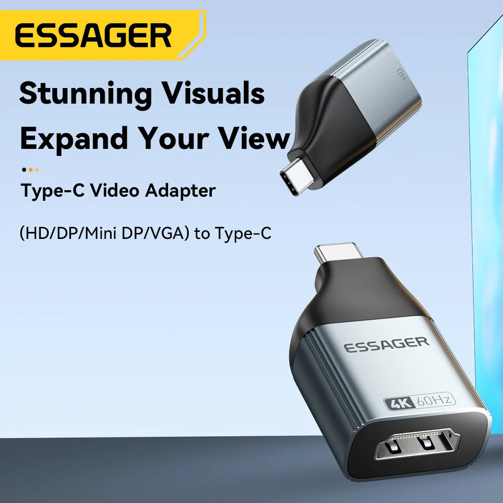 Essager USB-C to HDMI/DP/VGA Adapter – 4K@120Hz 8K@60Hz Video Converter for MacBook & TV Box