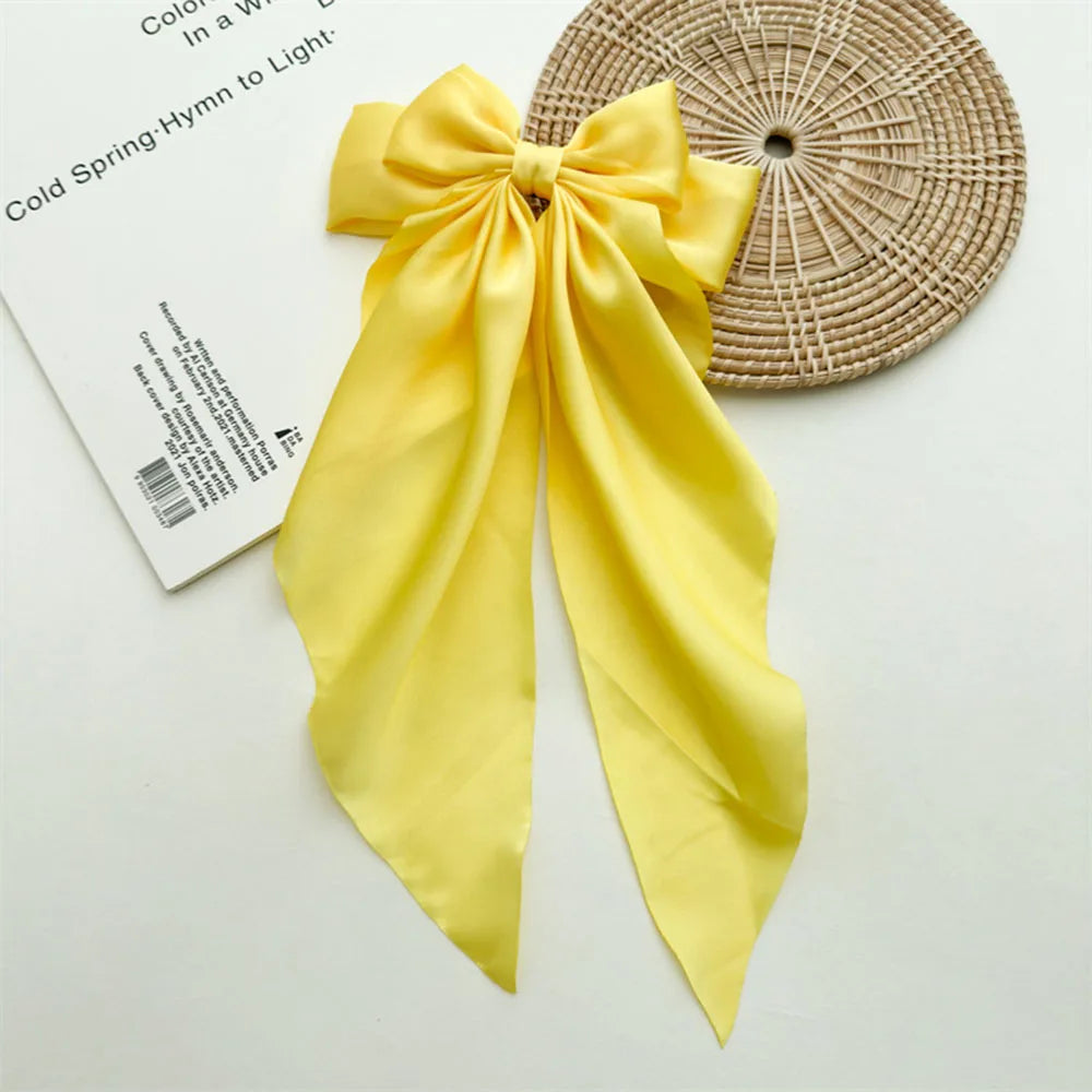 Ladies Satin Oversized Ribbon Bow Hair Clip – White, Pink, Red, Blue, Black, Long Tail Spring Clip for Ponytail Hair Accessories