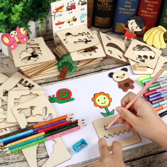 20pcs Montessori Wooden Drawing Toys – DIY Painting Template Stencils, Educational Learning Gift for Children