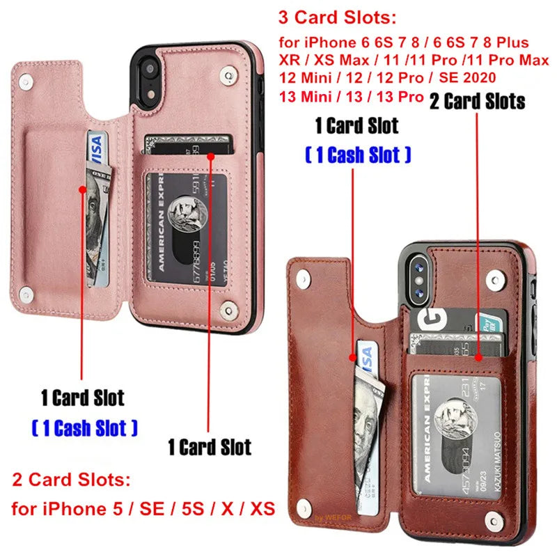 Luxury PU Leather Wallet Case - Kickstand Card Holder Cover with Slots for iPhone 15 14 13 12 11 Pro Max SE X XR XS Max 8 7 6 Plus
