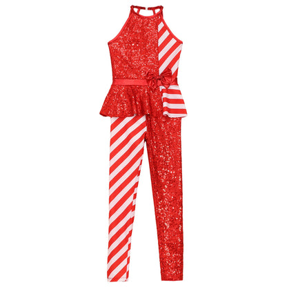 Kids Candy Cane Striped Christmas Tutu Leotard — Sequined Santa Bodysuit for Ballet & Gymnastics