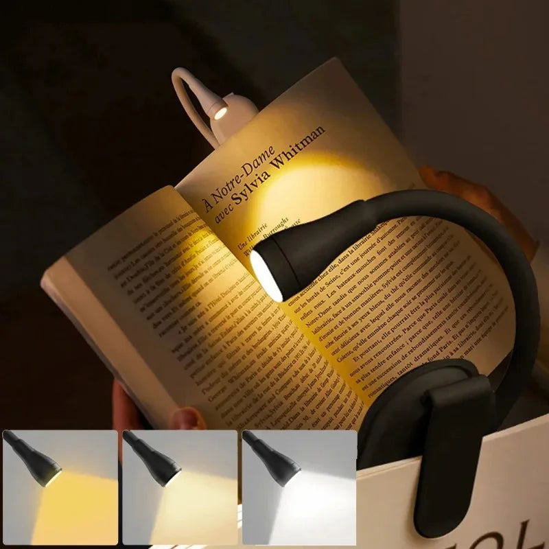 Mini LED Book Light – Adjustable Clip-On 360° Flip Eye Protection Lamp, Rechargeable 3-Color Reading Light for Travel & Bedroom