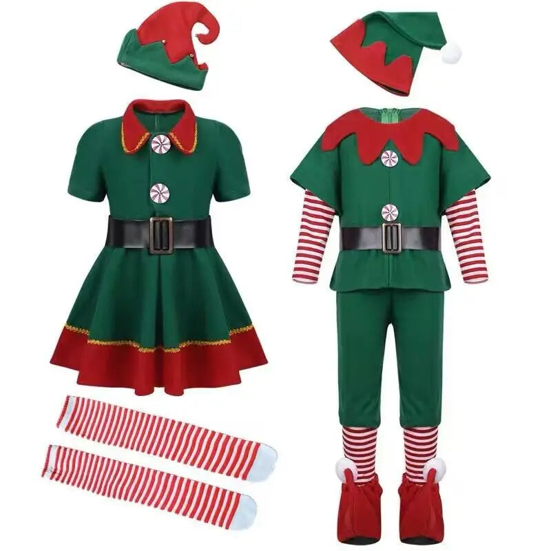 2025 Christmas Elf & Santa Costume Sets for Children and Adults – Green Elf Outfits, Holiday & Halloween Cosplay