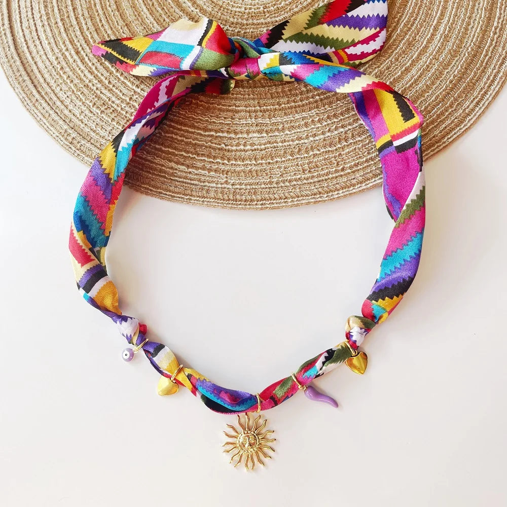 Bohemian Fabric Scarf Necklace - Sea Life, Heart & Floral Charm Pendant Vacation Jewelry Gift for Women
