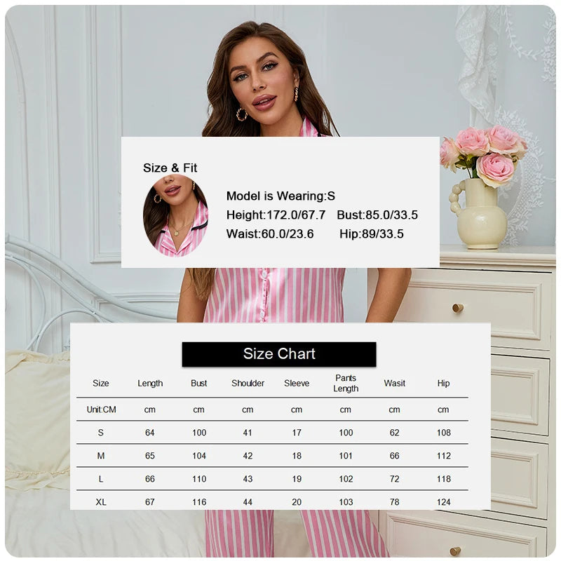 Women’s Satin Striped Pajama Set – Victorian Style Top & Pants Autumn Sleepwear Loungewear