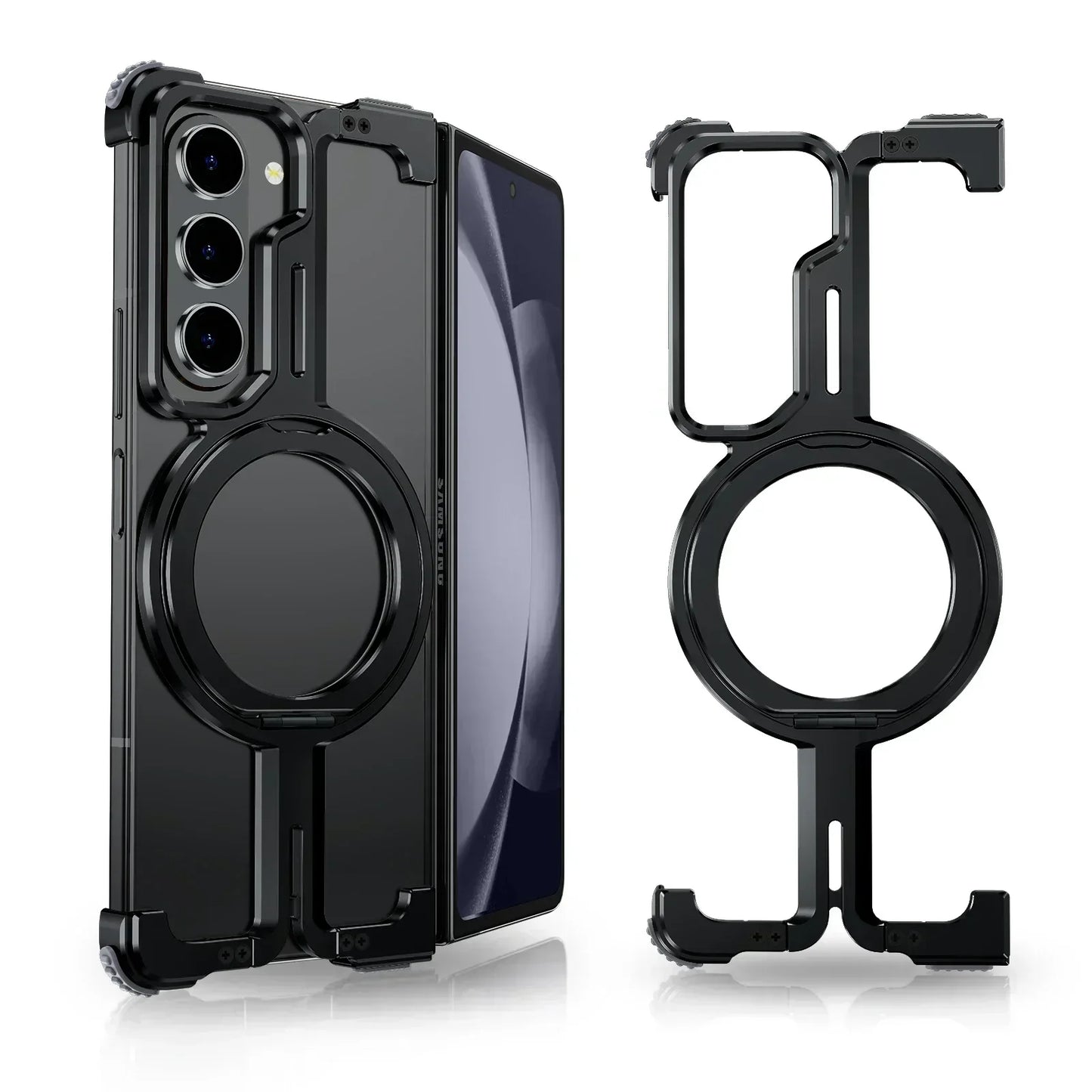 Eary Z Fold 6/5 Case with Magnetic Stand – MagSafe-Compatible Frameless Metal Bumper Cover for Samsung Galaxy with Wireless Charging Support