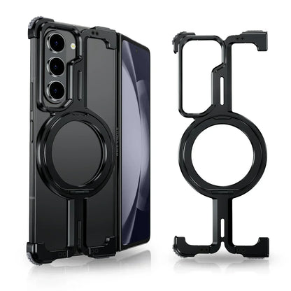 Eary Z Fold 6/5 Case with Magnetic Stand – MagSafe-Compatible Frameless Metal Bumper Cover for Samsung Galaxy with Wireless Charging Support